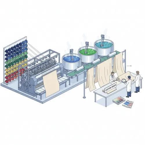 Illustration showing the custom fabric manufacturing process in a textile mill for Made-to-Order procurement