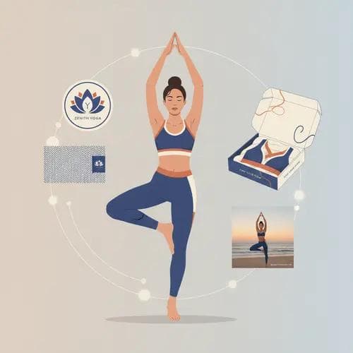 A yoga model surrounded by aligned brand elements including logo, fabric swatch, packaging, and marketing materials all sharing a consistent color palette and design language.
