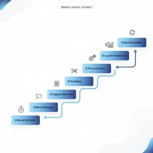 Nine-stage horizontal timeline showing the yoga brand launch roadmap from market definition through reorder and refinement