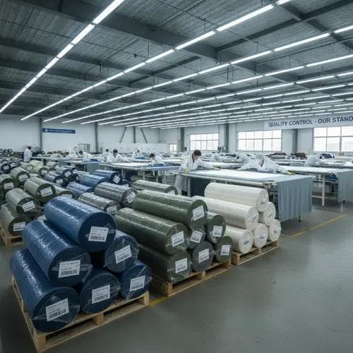 Inspected rolls of finished premium yoga fabric stacked in a clean factory with quality control inspectors examining fabric for defects.