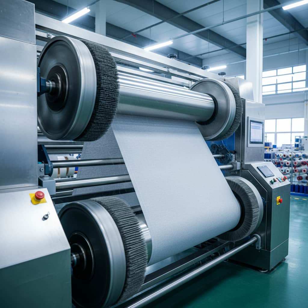 Industrial fabric brushing machine with rotating abrasive rollers processing knitted synthetic textile in a factory