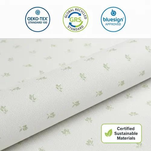 Collage of eco-certification logos for activewear fabrics including Oeko-Tex Standard 100, Global Recycled Standard (GRS), and Bluesign, displayed above a roll of sustainable fabric with leaf motifs.