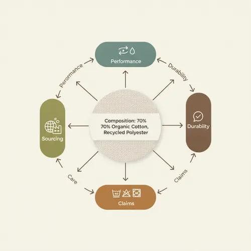 Interconnected diagram showing material strategy considerations: performance, durability, sourcing, care instructions, and sustainability claims