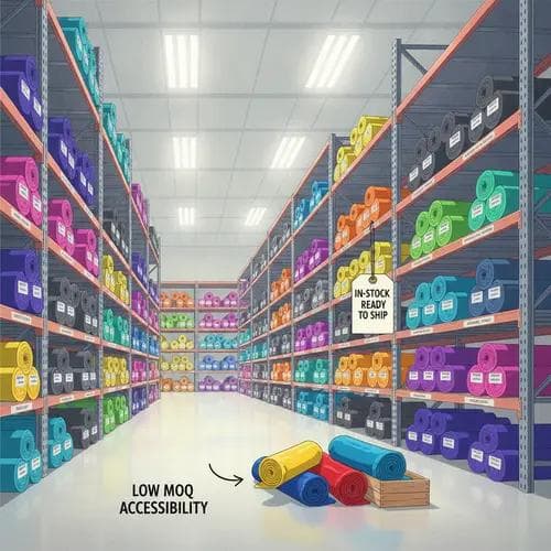 Illustration of a fabric warehouse with in-stock activewear fabric rolls available for immediate Spot Buy procurement