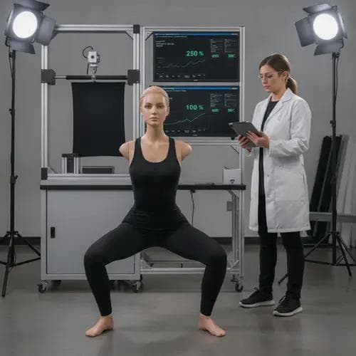 Quality control technician performing a squat test on a yoga legging prototype to verify fabric opacity under maximum tension.