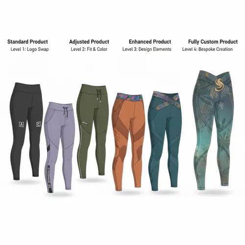 Spectrum comparison showing standard private-label yoga wear transitioning through partial customization to fully custom original garment design