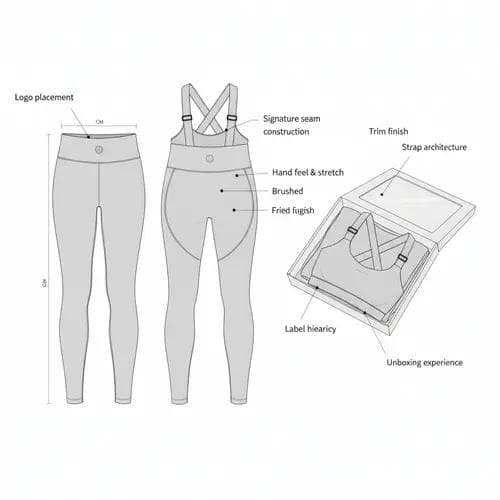 Technical fashion illustration of yoga leggings and sports bra with annotated callouts showing key product design touchpoints including fabric, seams, logo placement, straps, trims, labels, and packaging